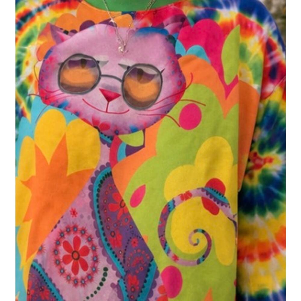 Y2K Psychedelic Cat Sweatshirt – Tie Dye –That Hoody Shop Retro Novelty Crewneck - Picture 3 of 3